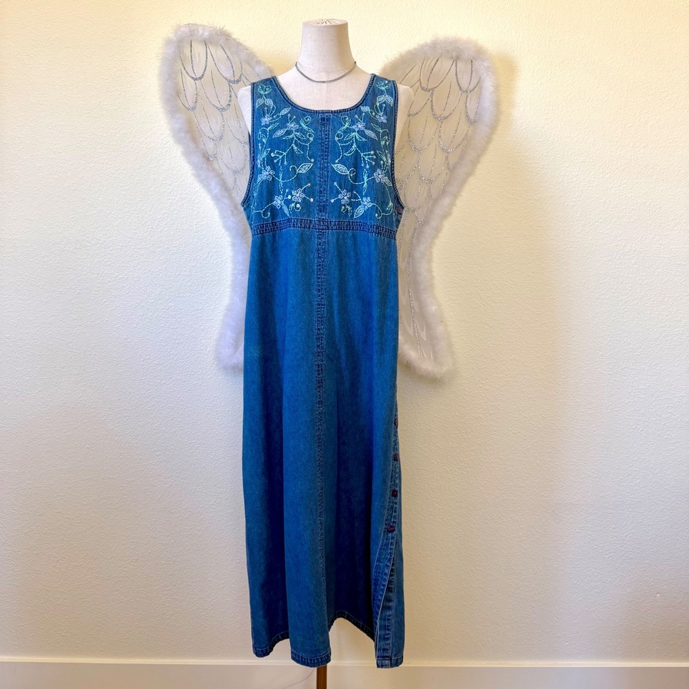 Blue Denim Floral Embroidered Maxi Jumper Dress Babydoll Pinafore Momcore Granny